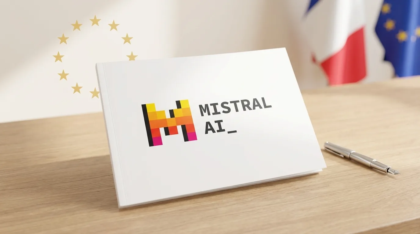 Livre blanc Mistral AI avec logo flamme sur un bureau aux couleurs France et Europe
