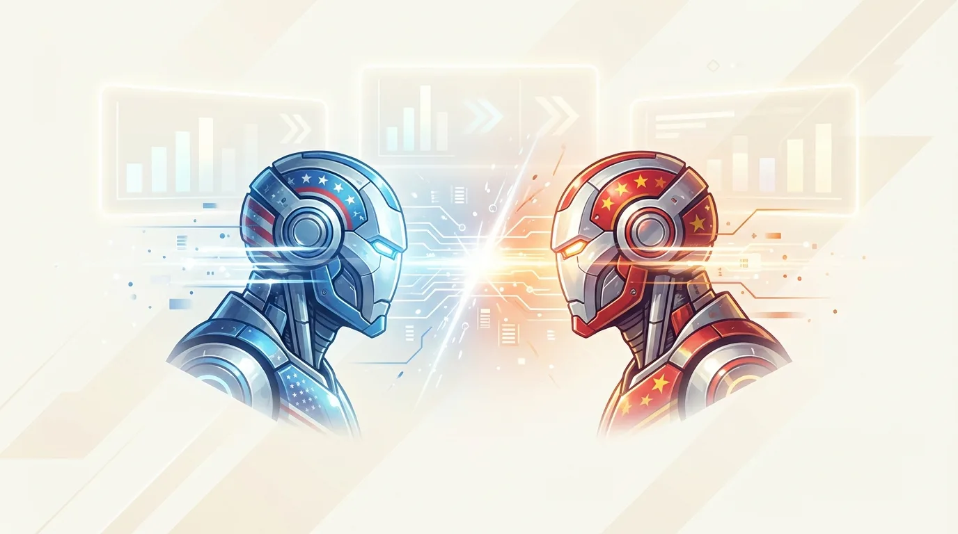 Drapeaux des États-Unis et de la Chine symbolisant la course mondiale à l'IA — Stanford AI Index 2026