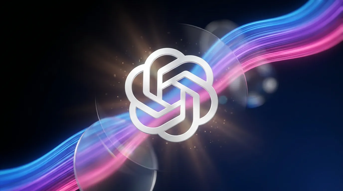 Logo officiel ChatGPT sur un fond sombre avec un flux lumineux bleu violet rose, illustrant la génération d'image IA avec gpt-image-2